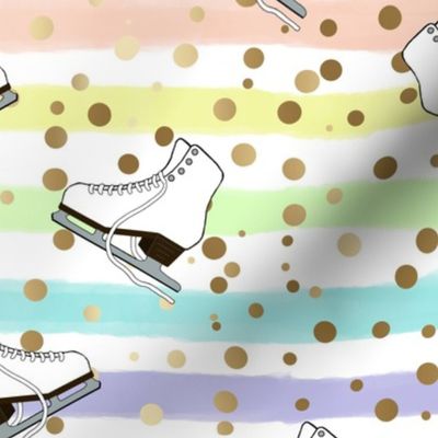 Figure Skates Design, With Gold Dots and Watercolor Stripes in  Pastel Rainbow