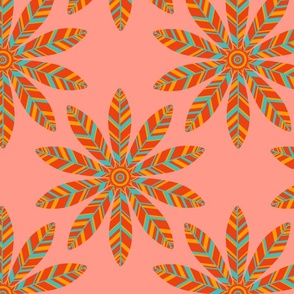 Petal Mandala Mid-Century Modern Scandi Folk Floral in Boho Red Turquoise Yellow on Blush Pink - MEDIUM Scale - UnBlink Studio by Jackie Tahara