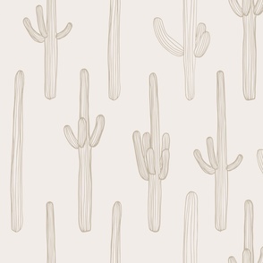 Saguaro Cactus Minimal Line Art | Large Scale | Light Beige, Linen White