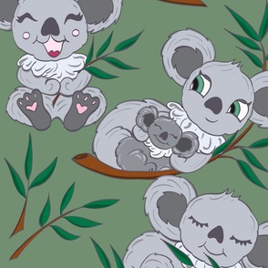 Koala Love on Sage Green Background