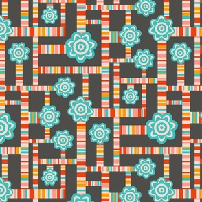 Garden Path Geometric Mid-Century Modern Scandi Folk Floral in Retro Colors on Brown - MEDIUM Scale - UnBlink Studio by Jackie Tahara