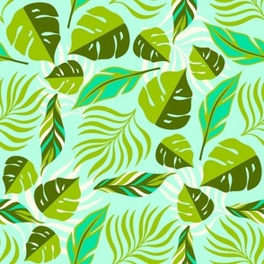 Tropical Leaves on a Light Blue Background