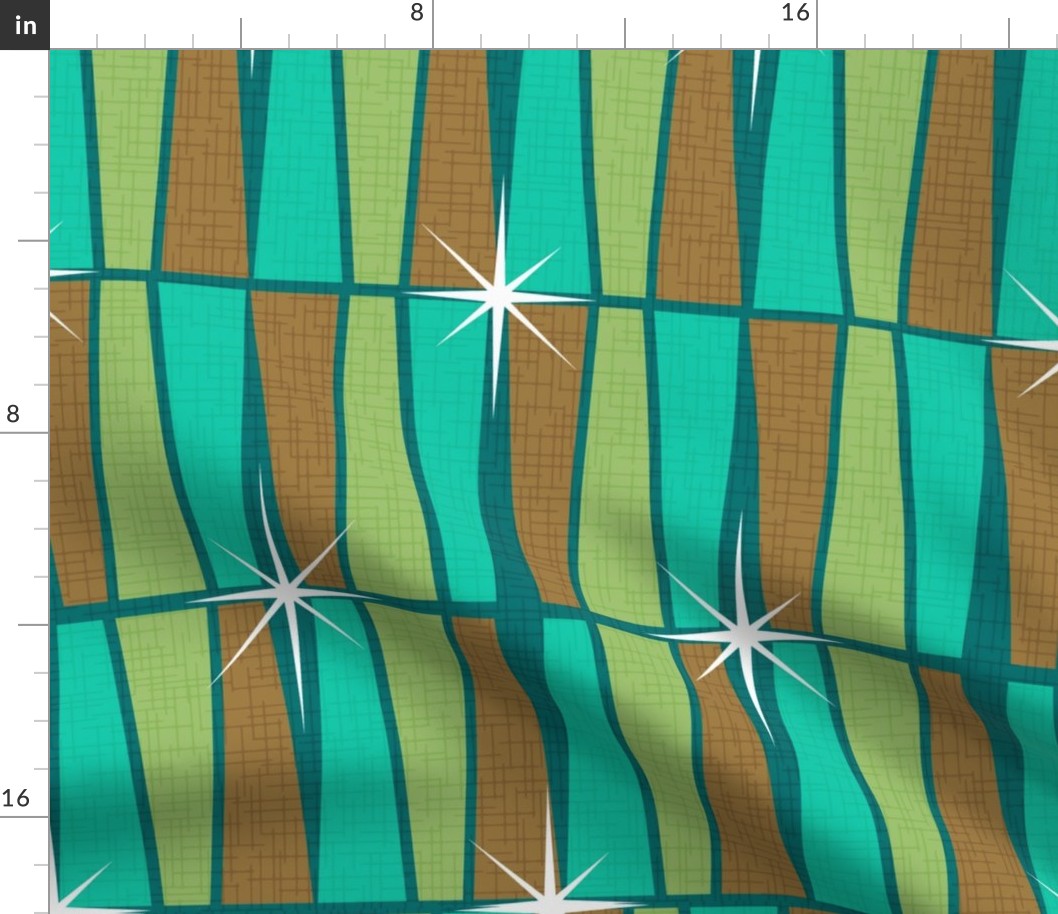 1960s Green Blue Retro Atomic Starbursts Mod Abstract Shapes Stars Mid-Century Modern Design Pattern