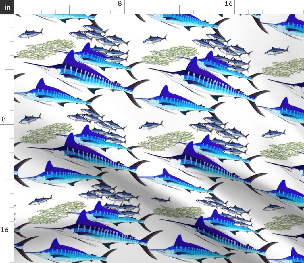 Striped Marlin, skipjack tuna, and scad school