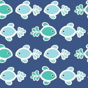 Fish Tales Horizontal Rows of Nautical Blue and Jade Fish with Fancy Plumed Tails in Blue Water