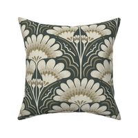 Fanfare Art Deco Floral - Light Gold on Green - large (12 inch W)