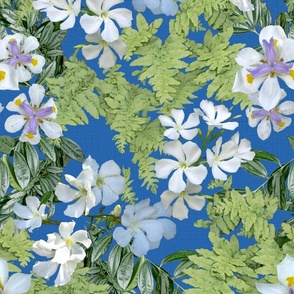 White Oleander, Lilies & Ferns on Cobalt