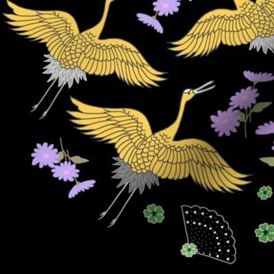 Wings of Peace (golden cranes) motif - black, medium 