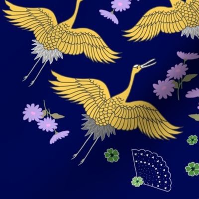 Wings of Peace (golden cranes) motif - ink blue, medium 