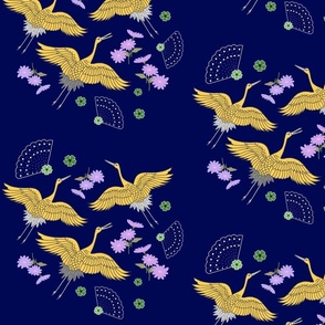 Wings of Peace (golden cranes) motif - ink blue, medium 