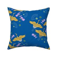 Wings of Peace (golden cranes) motif - ocean blue, medium 
