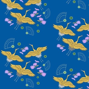 Wings of Peace (golden cranes) motif - ocean blue, medium 