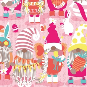Large jumbo scale // Happy Easter gnomes // pastel pink background Spring motifs bunny gnomies and Easter eggs hunt 