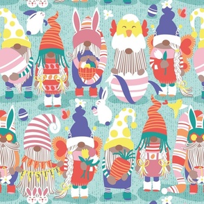 Normal scale // Happy Easter gnomes // aqua background Spring motifs bunny gnomies and Easter eggs hunt 
