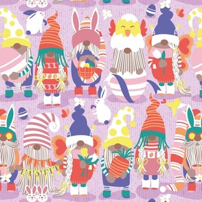 Normal scale // Happy Easter gnomes // lilac background Spring motifs bunny gnomies and Easter eggs hunt 