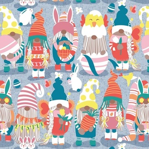 Normal scale // Happy Easter gnomes // pastel blue background Spring motifs bunny gnomies and Easter eggs hunt 