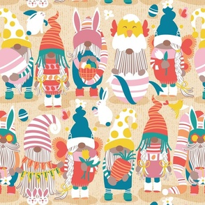 Normal scale // Happy Easter gnomes // ivory yellow background Spring motifs bunny gnomies and Easter eggs hunt 