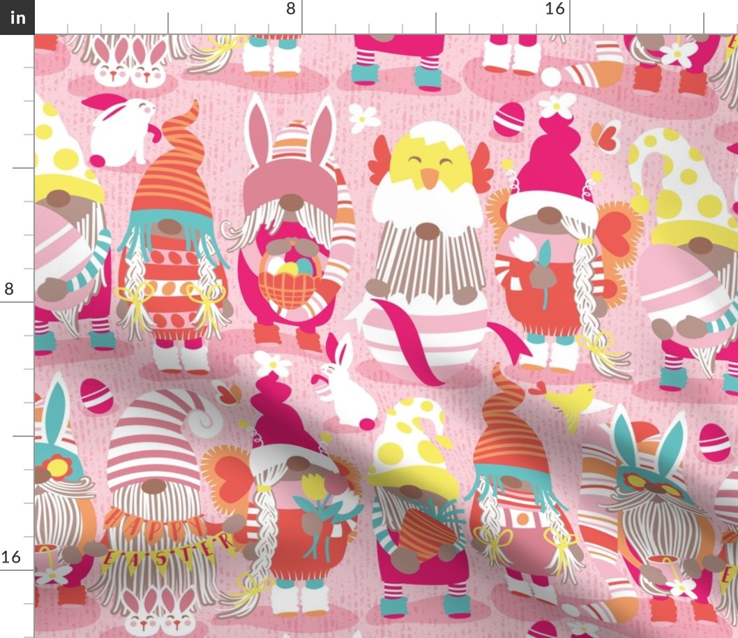 Normal scale // Happy Easter gnomes // pastel pink background Spring motifs bunny gnomies and Easter eggs hunt 