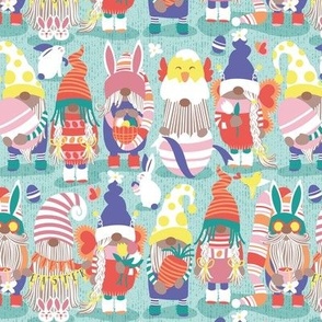 Small scale // Happy Easter gnomes // aqua background Spring motifs bunny gnomies and Easter eggs hunt 