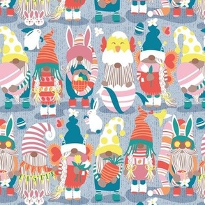Small scale // Happy Easter gnomes // pastel blue background Spring motifs bunny gnomies and Easter eggs hunt 