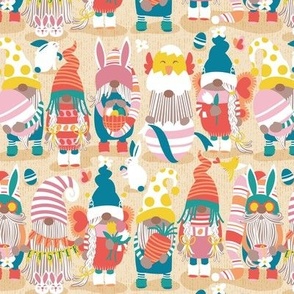 Small scale // Happy Easter gnomes // ivory yellow background Spring motifs bunny gnomies and Easter eggs hunt 