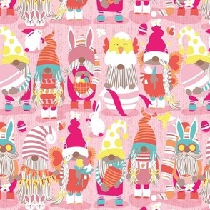 Small scale // Happy Easter gnomes // pastel pink background Spring motifs bunny gnomies and Easter eggs hunt 