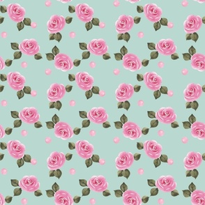 Pink Roses and Polka Dots (Aqua)