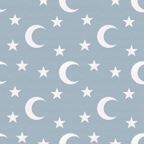 Simple white moon and stars with light blue background