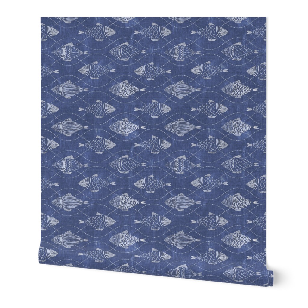 medium scale rustic, illustrated lake life fish // white on indigo blue