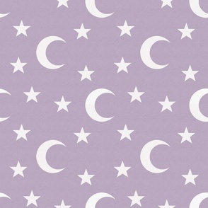 Simple white moon and stars with lilac background