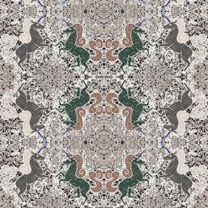 licornes verte et grise sur fond mosaïque beige