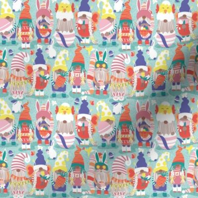 Tiny scale // Happy Easter gnomes // aqua background Spring motifs bunny gnomies and Easter eggs hunt 