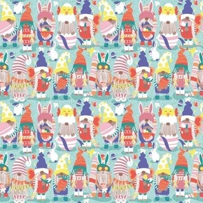 Tiny scale // Happy Easter gnomes // aqua background Spring motifs bunny gnomies and Easter eggs hunt 
