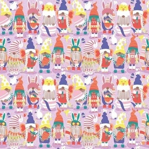 Tiny scale // Happy Easter gnomes // lilac background Spring motifs bunny gnomies and Easter eggs hunt 