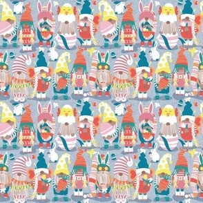 Tiny scale // Happy Easter gnomes // pastel blue background Spring motifs bunny gnomies and Easter eggs hunt 