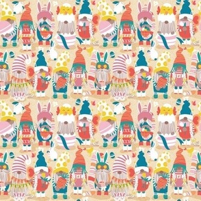 Tiny scale // Happy Easter gnomes // ivory yellow background Spring motifs bunny gnomies and Easter eggs hunt 