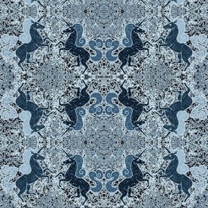 licornes bleues sur fond mosaïque gris