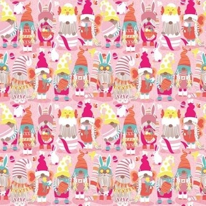 Tiny scale // Happy Easter gnomes // pastel pink background Spring motifs bunny gnomies and Easter eggs hunt 