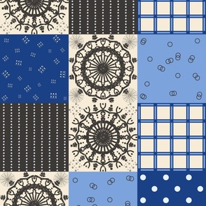 Cheater Quilt1-Tribal Boho in Charcoal Cream and Light Medium and Dark Blues