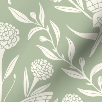 Victorian Damask,  Butterfly and Zinnia Flowers, Celadon Green and White