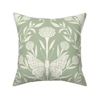 Victorian Damask,  Butterfly and Zinnia Flowers, Celadon Green and White