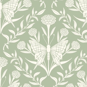 Victorian Damask,  Butterfly and Zinnia Flowers, Celadon Green and White