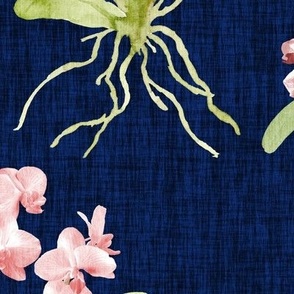 Large Peach Orchids on Midnight Blue Linen Texture