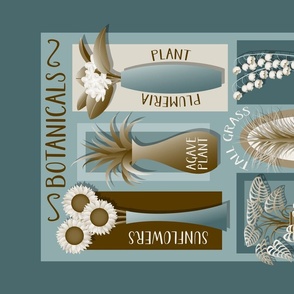 Botanicals in Vases and Pots Tea Towel // Brown, Ocean Blues, Sky Blue, Khaki, Cream, Ivory