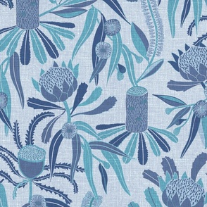 Banksia Floral Linen Texture Blues Large