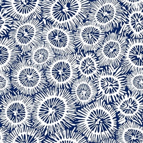 Sapphire Seaflowers - Star Coral Spirals on Navy Blue - Ocean-Inspired Pattern for Elegant Marine Decor & Apparel