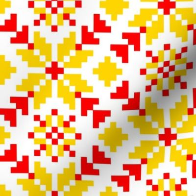 Weaving a Fiery Flower - Star Alatyr - Ethno Slavic Ancient Symbol Folk Geometric Pattern - Ukrainian Traditional Obereg Ornament - Golden Yellow Scarlet Red - Large