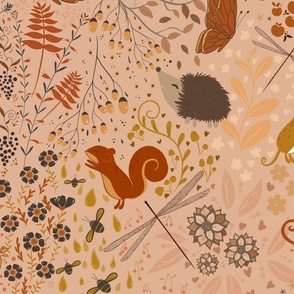 Wild hedgehog and squirrel botanical -large scale 