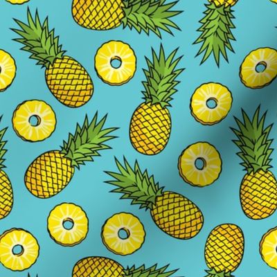 Pineapples - pineapple slices - summer fruit - teal - LAD22