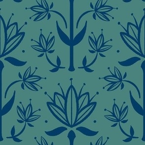 Vintage Victorian-Inspired Botanical in Blue on Green - Medium